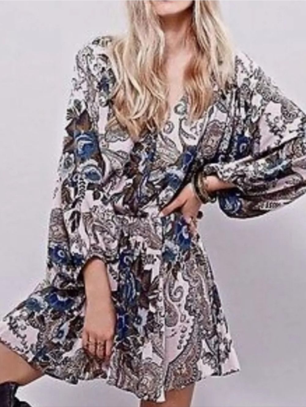 Free People High Plains Boho Ballon Sleeve Mini Dress in Paisley Print #104